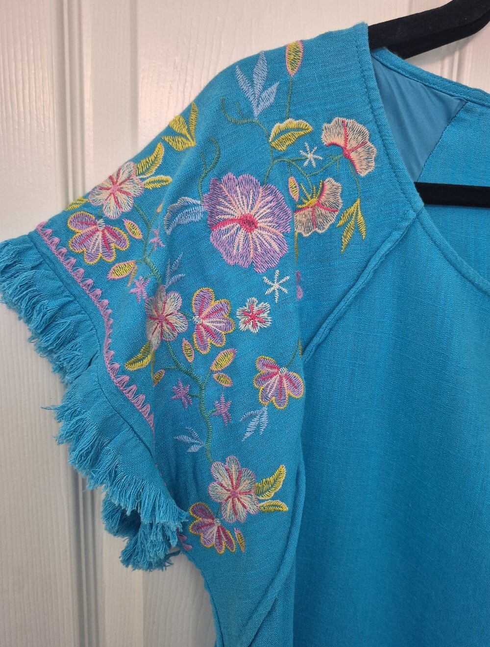 Umgee Embroidered Fringe Sleeve Women’s Top - Turquoise - Picture 2 of 5